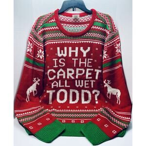 Christmas Vacation Ugly Christmas Sweater Unisex 2XL Red Why is The Carpet Wet